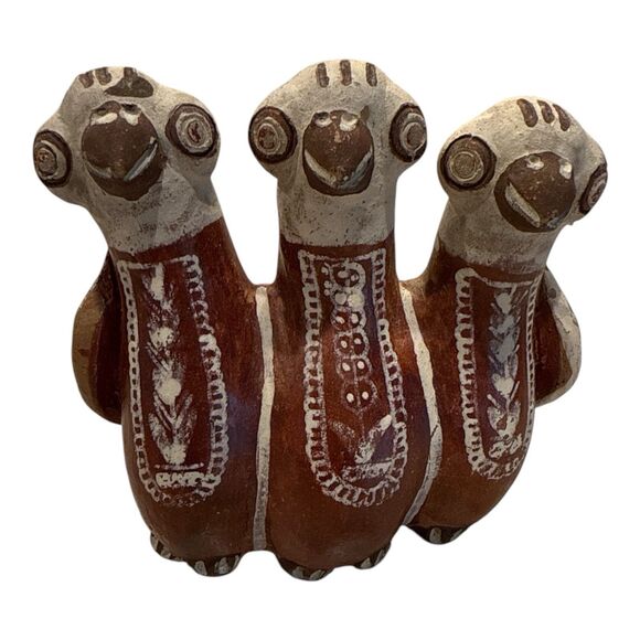 Vintage Peruvian Pottery Bird Whistle Vintage 3 Birds Folk Art Figurine Redware - Picture 1 of 11